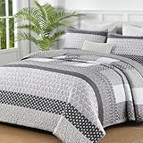 WONGS BEDDING Grey Quilt Queen Size, Bohemian Stripe Quilt Sets 3 Pieces Gray Boho Quilted Bedspread Set Lightweight Microfiber Coverlet Bedding Set All Season (96