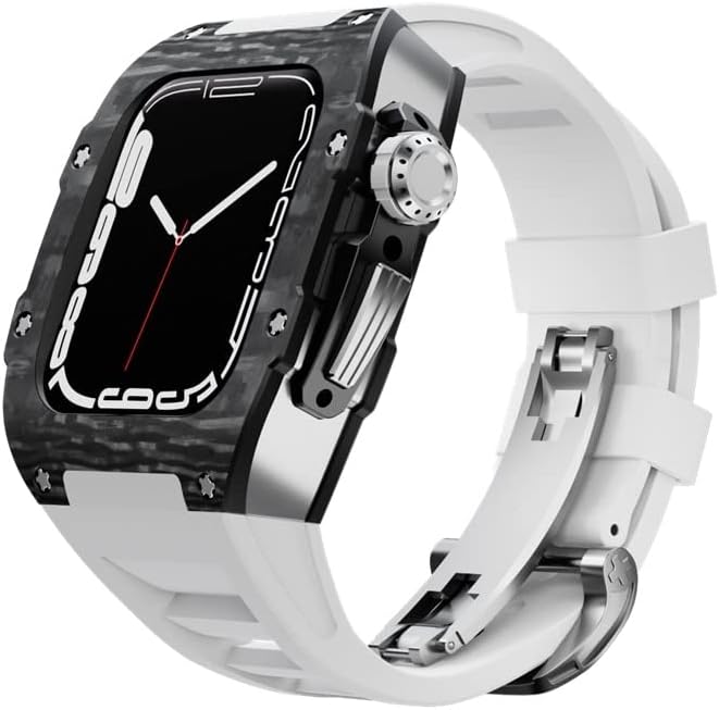 Carbon Fiber Case for Apple Watch 7 45mm 44mm Fluororubber Strap Luxury Set Frame Bezel Modification Kit for IWatch 8 7 6 5 4 SE
