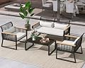 YITAHOME 4-Piece Patio Furniture Wicker Outdoor Bistro Set, All-Weather Rattan Loveseat Conversation Set with Wooden Armrests, Metal Side Table, and Gray Cushions for Backyard, Balcony, Deck - Black
