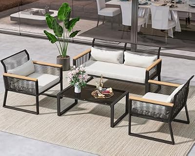 YITAHOME 4-Piece Patio Furniture Wicker Outdoor Bistro Set, All-Weather Rattan Loveseat Conversation Set with Wooden Armrests, Metal Side Table, and Gray Cushions for Backyard, Balcony, Deck - Black