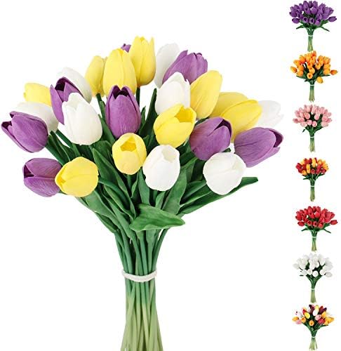 C APPOK Artificial Tulips Flowers Fake Latex Tulip Stems - 30pcs Real Touch Faux Multicolor Tulips Flower for Easter Spring Wedding Bouquet Centerpiece Floral Arrangement Cemetery Table Decor