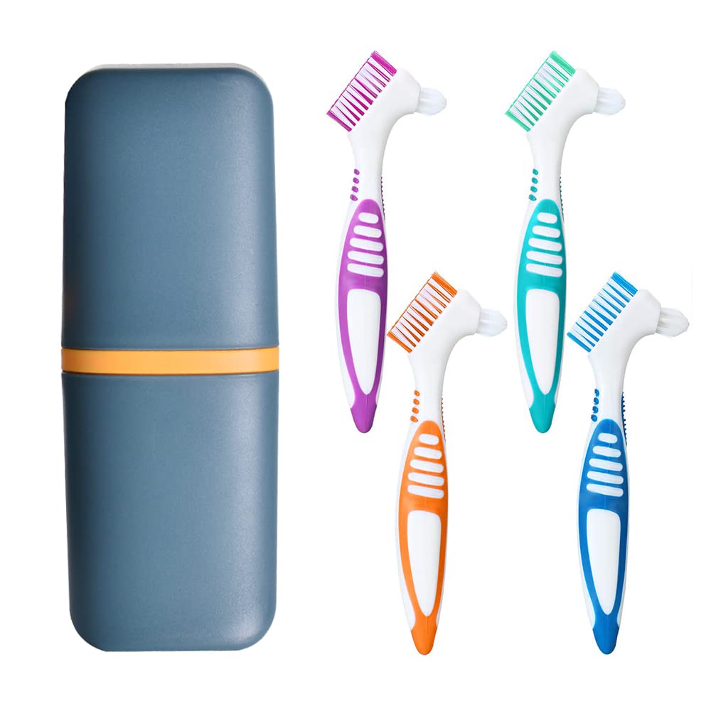 4Pcs Denture Brushes with Carrying Case, Hard Double Sided Denture Cleaning Brush Heads for False Teeth Cleaning