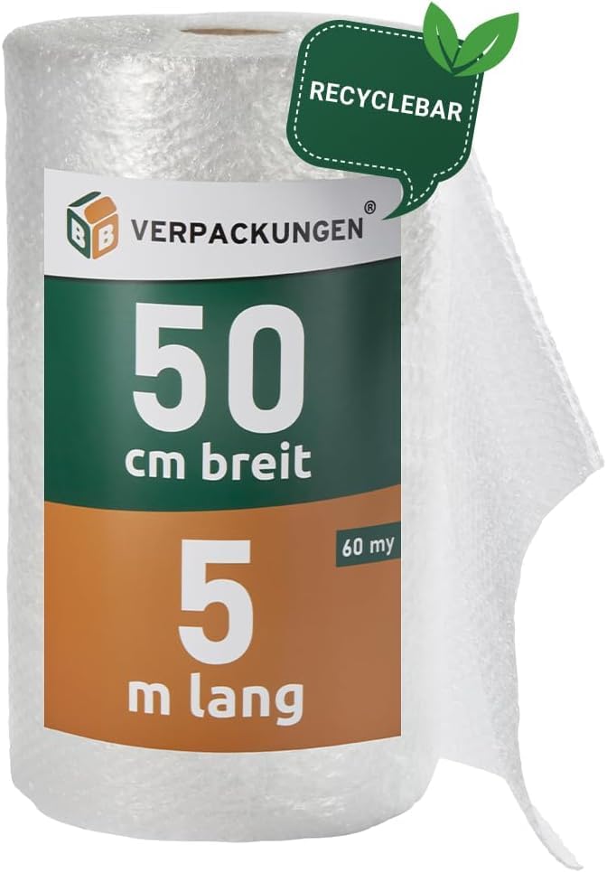 BB-Verpackungen 4x PROFI Luftpolsterfolie 0,5 x 5 m Versand, Verpackung, Umzug 2-lagig (4 Rollen) | 60 my stark, extrem robust, sehr leicht, 100% recycelbar