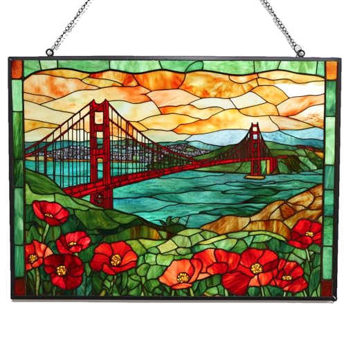 365CUSGIFTS Rectangle Vintage Golden Gate and Poppies Stained Glass Window Hanging Customized Suncatcher Glass Panel with Metal Chain Sun Catchers Wall Art Home Decor Gift for Women Mothers Day