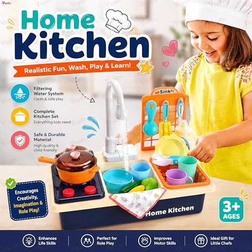Image of Vikrida Kitchen Sink Toys Water Playset with Running Water House Wash Up Kitchen Sets with Play Dishes Accessories for Toddlers - Blue