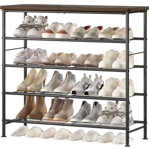 Image of SUOERNUO Shoe Rack Organizer 5 Tier for Closet Entryway Free Standing Metal Storage Shoe Shelf with MDF Top Board,Black+Rustic Brown