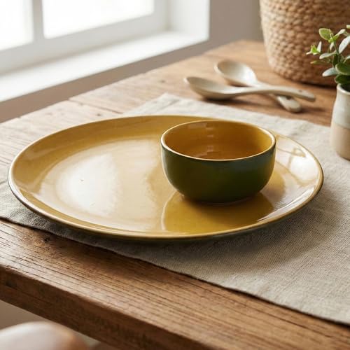 Image of The Earth Store Handcrafted Mustard Novelle 8 Piece Ceramic Dinner Set, 4 Full Dinner Plates, 4 Vegetable Bowls | Microwave & Dishwasher Safe | Ceramic Plate | Katori
