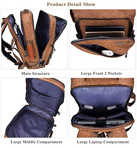 WITZMAN Travel Backpack for Men Carry On Canvas Backpack Duffel Bag Durable Rucksack (A561 Brown)