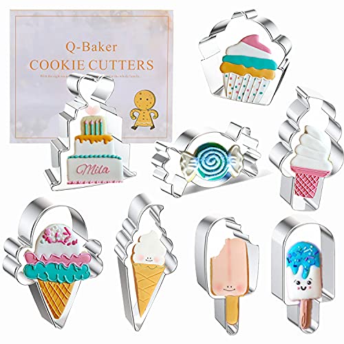 8 Pieces Ice Cream Cookie Cutters, Soft and Hard Ice Cream Cone, Popsicle,Ice Cream Sundae, Cupcake, Love Cake and Candy Shaped Stainless Steel Metal Molds Cutters for Making Biscuits