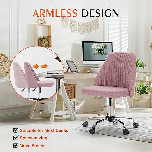 Image of Sweetcrispy Armless Vanity Chair, Cute Comfy Home Office Desk Chair with Wheels, Modern Upholstered Task Computer Seat for Bedroom, Study, Makeup Vanity, Height Adjustable & Swivel Fit, Pink