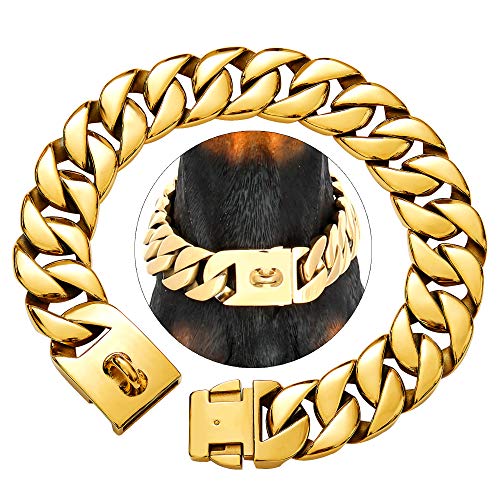 txprodogchains Big Dog Chain Collar with Buckle Strong Heavy Duty 32MM Thick Wide Stainless Steel Metal 18K Gold Cuban Link Chain Collar for Large Dogs (26 )