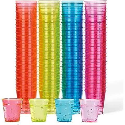 MATANA 150 Neon Plastic Shot Glasses (1oz), Party Shot Cups for Wine Tasting, Condiments, Sauce, Jello Shots & More - Sturdy & Reusable Cover