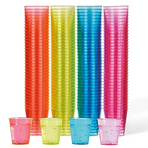 MATANA 150 Neon Plastic Shot Glasses (1oz), Party Shot Cups for Wine Tasting, Condiments, Sauce, Jello Shots & More - Sturdy & Reusable 150 Pack