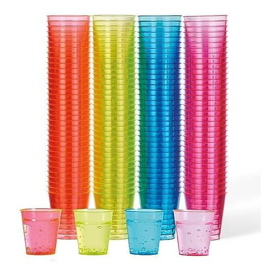 150 Vasos de Chupito de Plástico Duro, Vasos para Shots Neón, 30ml - Resistente y Reutilizable.