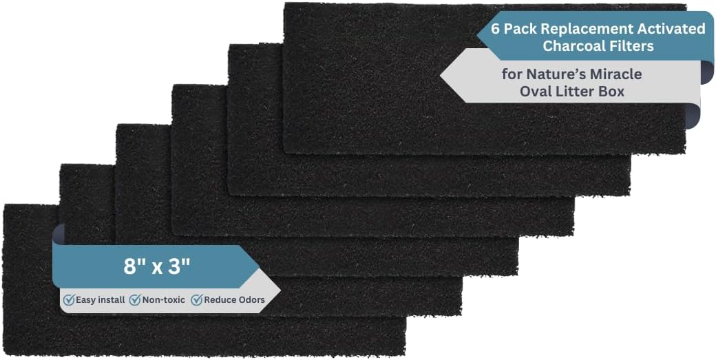 6-Pack Activated Carbon Litter Filters - 8" x 3" Oval Cat Litter Filters Replacement for Odor Elimination - Compatible with Nature Miracle Corner Box & Other Models, USA Made