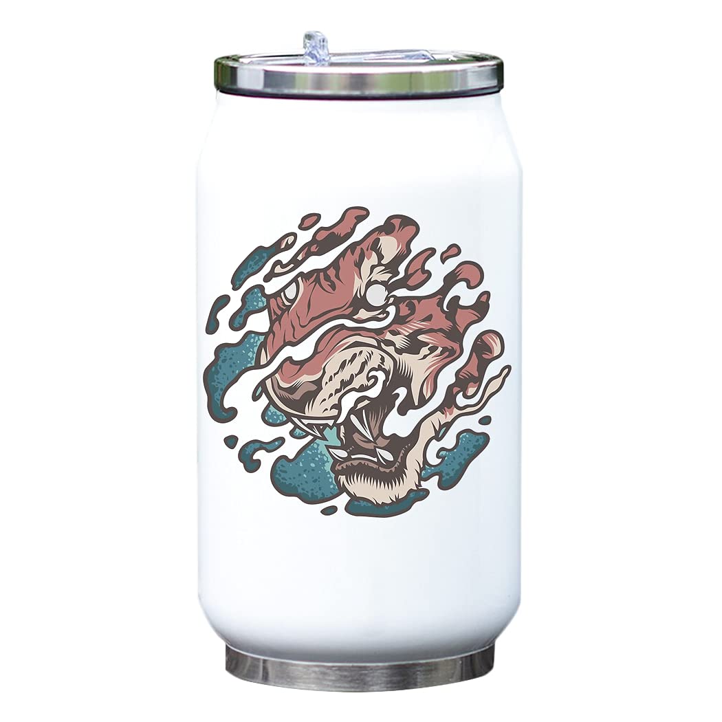 Tattoo Styled Tiger Breath Art Vacuum Thermal Beverage Bottle Thermos White