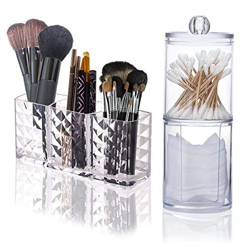 SXCCNW 3 Fächern Kosmetik Organizer, Glas Wattestäbchen Behälter, Schminke Aufbewahrung Pinselhalter Make Up Organizer & Wattestäbchen Behälter für Badezimmer Schminktisch Organizer Set
