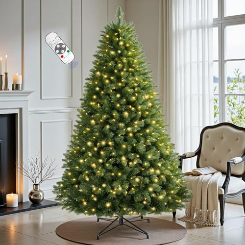 6 FT Pre-lit Christmas Tree Spruce with Remote Control, 300 Warm White Multi-Color Changing LED Lights, Artificial Hinged/Feel Real/Realistic for Home, Holiday Decoration Dual Color LED
