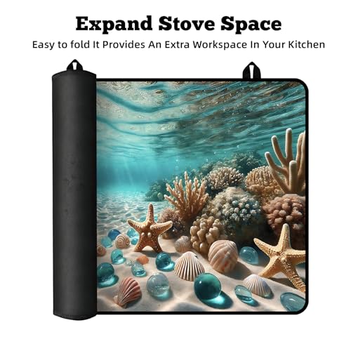 Image of Multi-Design Stove Top Cover for Glass /Electric Stoves - 3-in-1 Heat-Resistant Protector Mat, Non-Slip Drying Rack 28 inchx20 inch (Seabed, 28 inch L x 20 inch W)