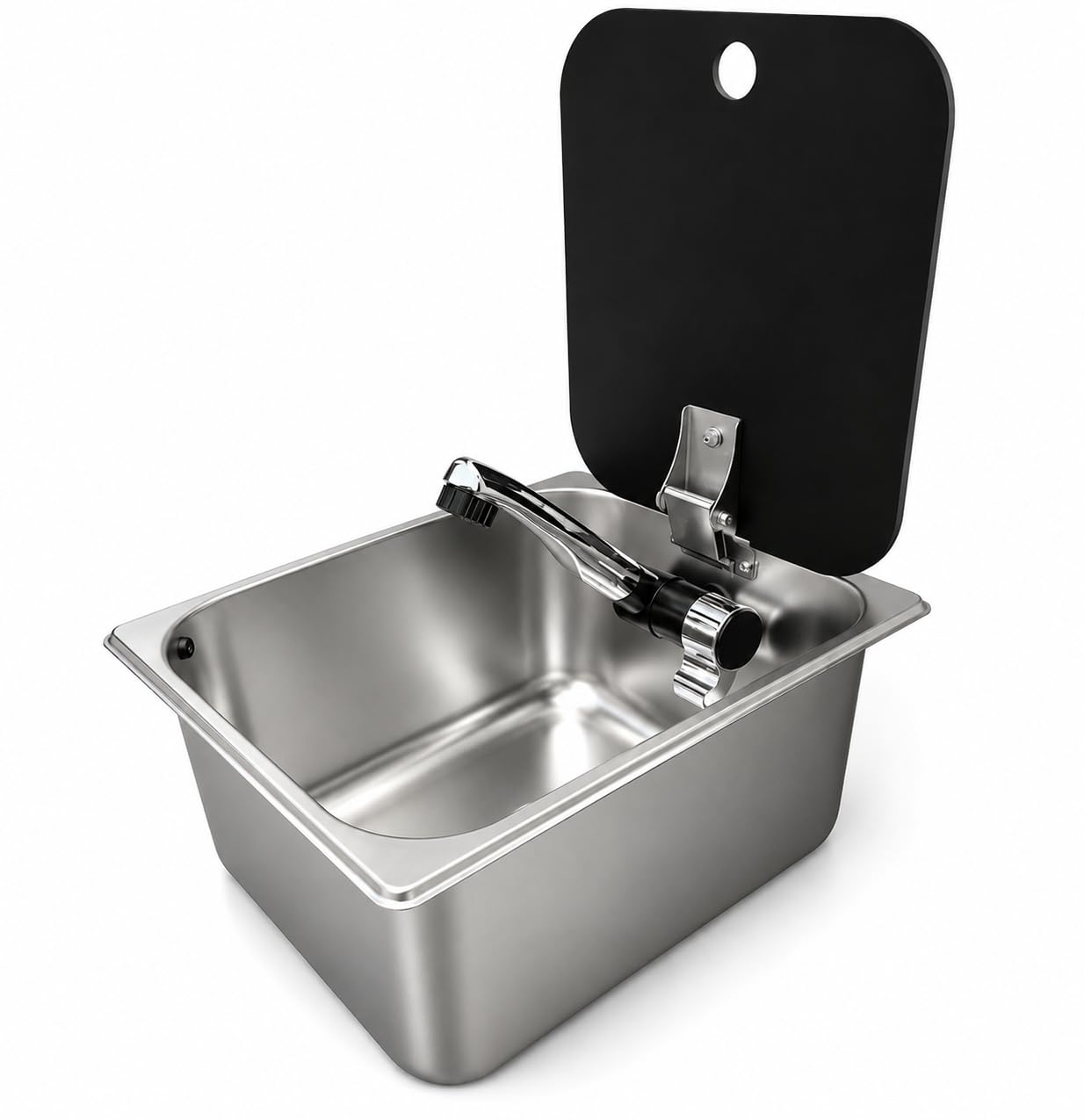 Fregadero con tapa camper 32x26 cm incluye grifo agua fria 12v y desague acodado camping autocaravana (GRIFO AGUA FRIA PARA BOMBA SUMERGIBLE)