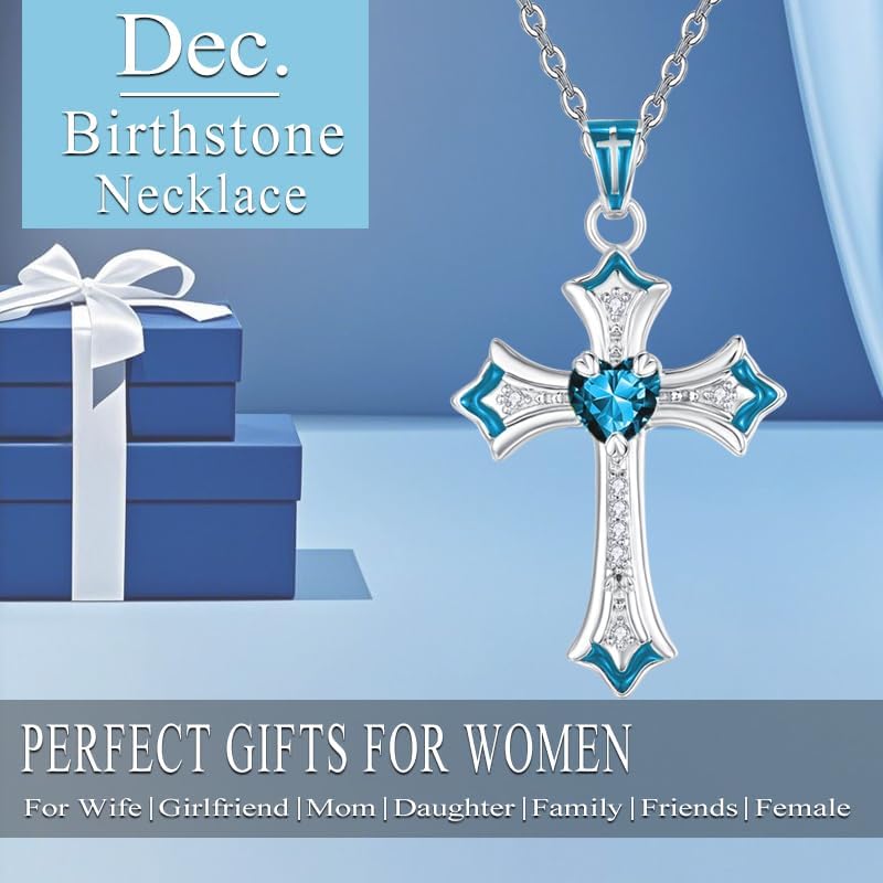 HeartMelody Cross Necklace for Women 18K White Gold Plated Heart CZ Birthstone Cross Faith Pendant Necklaces Religious Christian Jewelry Anniversary Birthday Mother's Day Gifts for Women