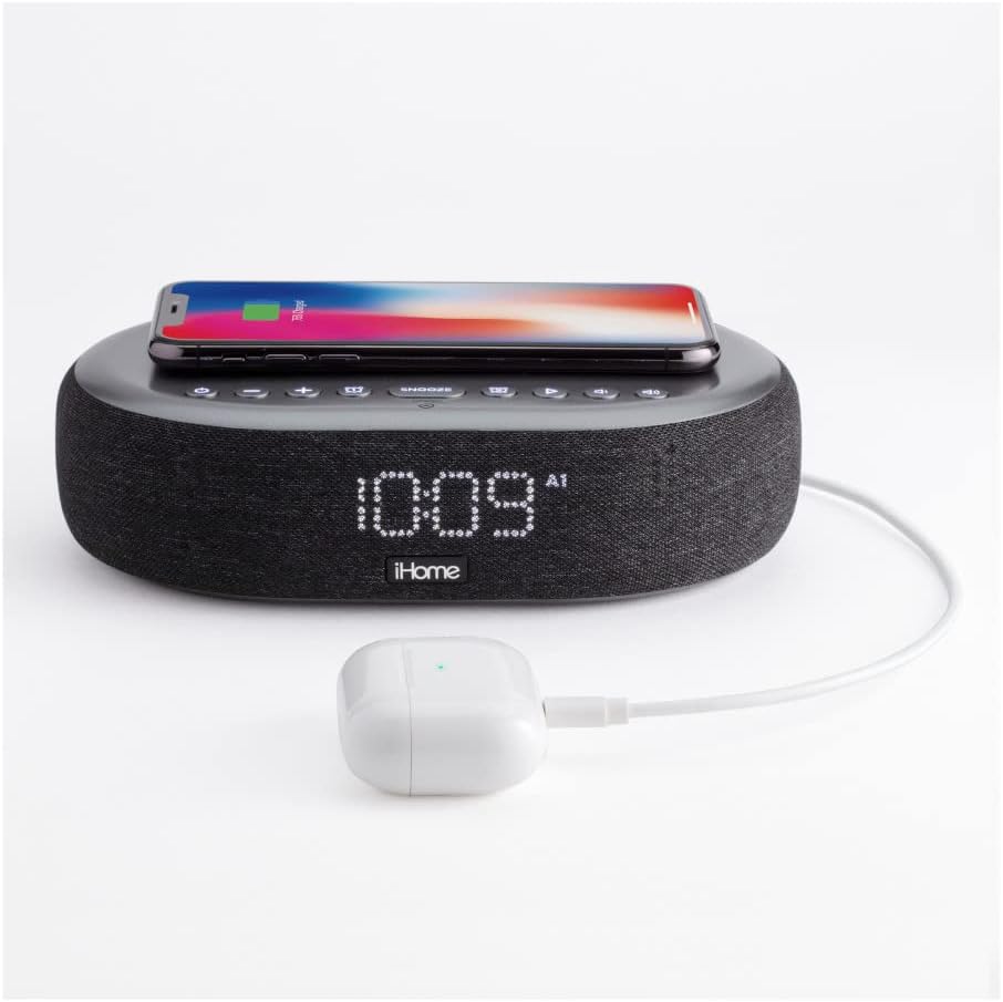 iHome TIMEBOOST Qi-Certified Wireless Charging Alarm Clock with Bluetooth Speaker, Auto-Dimming, Snooze, Battery Backup and USB Charging (Model iBTW41BG)