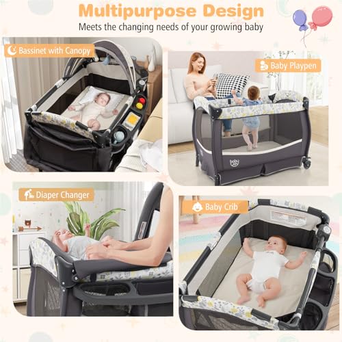 Image of BABY JOY 4 in 1 Pack and Play, Portable Baby Playard with Bassinet & Flip-Away Changing Table, Canopy, Portable Bedside Crib with Storage Basket, Oxford Bag, Infant Bassinet from Newborn to Toddlers