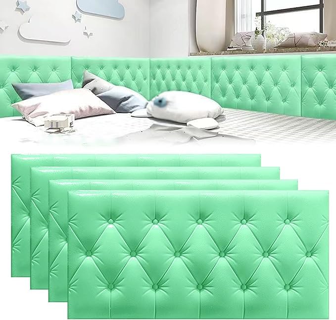 MOTTK 4/6/8 Pack 3D Anti Collision Wall Padding Panels,70x35cm DIY Peel and Stick Headboard Panel Wall Cushion Protection for Bedroom Nursery (Green,4)