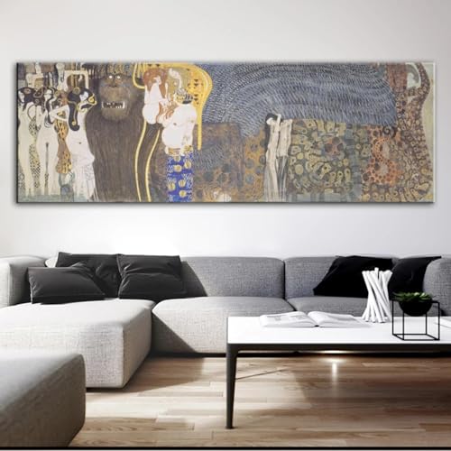 Toile Gustav Klimt Kiss 70x142cm avec cadre noir pour la décoration du salon