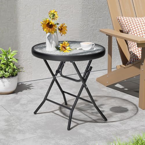PATIOHIT Foldable Side Table with Tempered Glass Top 18 Outdoor Folding Side Tables Small Glass Patio Table for Porch Yard Balcony Deck Lawn Dining Garden (Black)