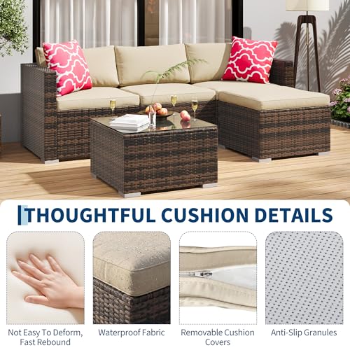 Image of GAOMON 5-Piece All-Weather Patio Furniture Set, Convertible Outdoor Sectional Sofa with Ottoman & Tempered Glass Table, PE Rattan Conversation Set for Garden, Backyard, Porch, Poolside