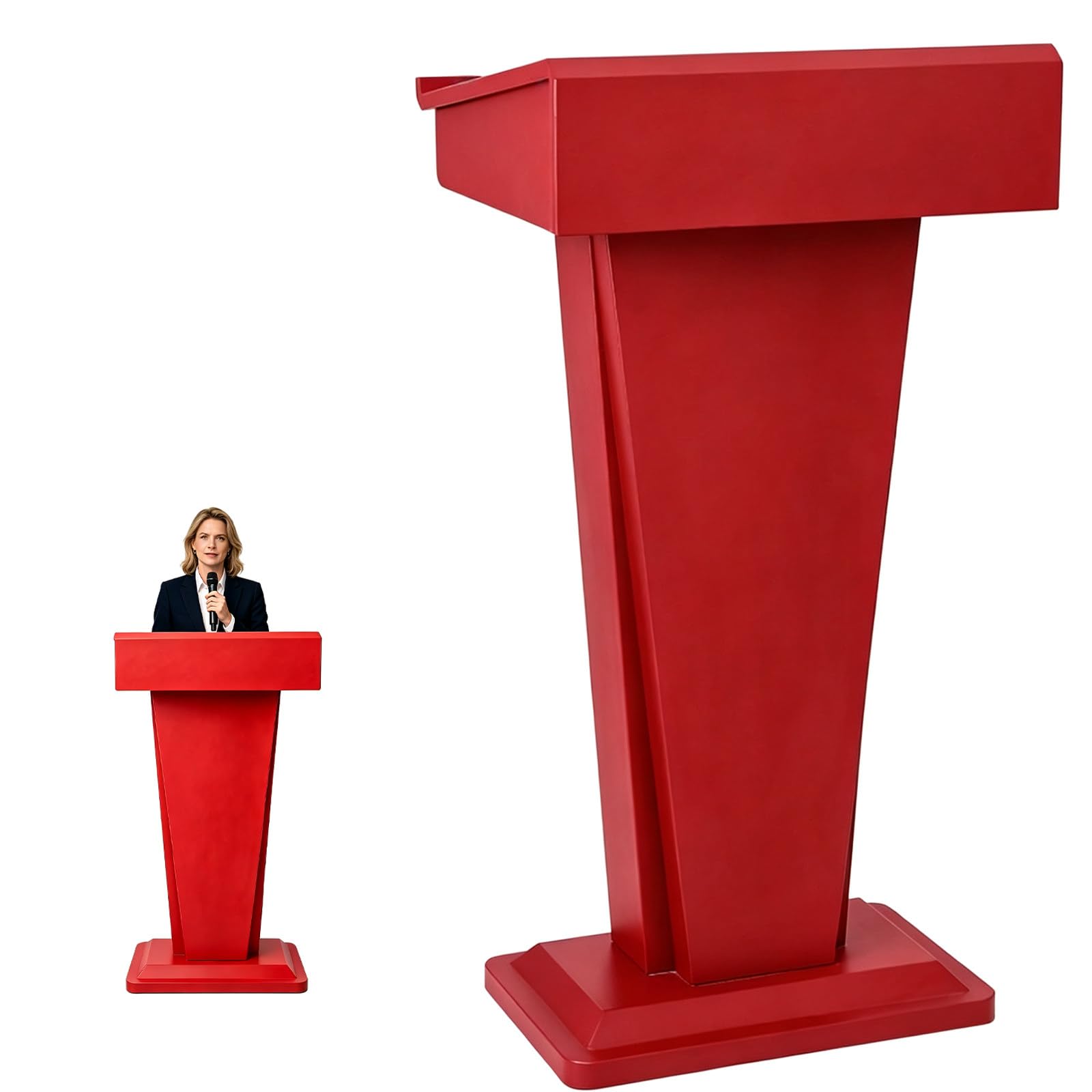 KRYANFEN Modern Floor Standing Lectern, Speech Podium with Storage Red