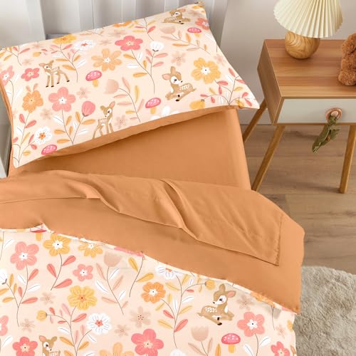 Image of Wake In Cloud - Floral Toddler Bedding Set for Girls, Cute Colorful Botanical Flowers with Deers, 4 Pieces Soft Crib Bed Set Including Comforter, Sheets and Pillowcase, Orange Brown