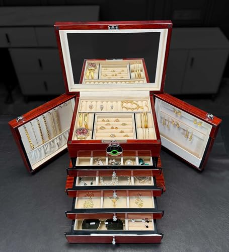 SYENS Jewelry Box Wood Jewel Organizer with Fingerprint Lock Safe, 7-Layer Large Locking Jewelry Storage Box with Necklace Hanger for Women Mens Gift (5L-RS)