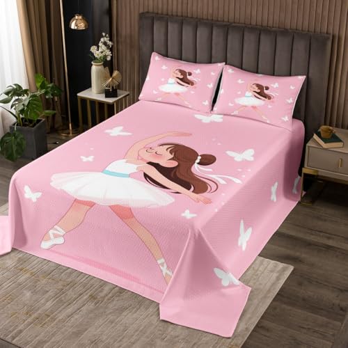 jejeloiu Ballet Dancer Bedspread Ballerina Bedspread for Kids Boys Girls Dreamy Princess Coverlet Set Dancing Quilted with 1 Pillowcase 2Pcs Bedding Twin