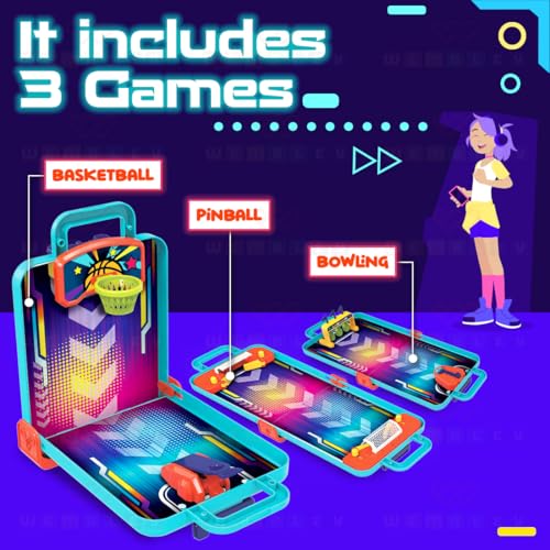 Image of Wembley 3 in 1 Alley Ball Game for Kids Includes Pinball Bowling Basketball Arcade Machine Toy Tabletop Indoor Game Easy to Assemble Birthday Gift for Boys Girls, Multicolor