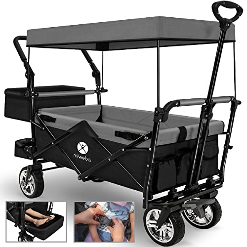 Miweba Faltbarer Bollerwagen MB-20 | Sonnendach UV-beständig - 2X Anschnallgurte - Transportwagen für Kinder - Traglast 100 Kg - Wagen - Feststellbremse - Hartgummireifen (Schwarz/Grau) Miweba Faltbarer Bollerwagen MB-20 | Sonnendach UV-beständig - 2X Anschnallgurte - Transportwagen für Kinder - Traglast 100 Kg - Wagen - Feststellbremse - Hartgummireifen (Schwarz/Grau)