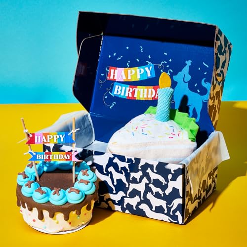 Image of Thoughtfully Pets Dog Birthday Cake and Plush Toy Set, Mini Cookie Cake Treat with Birthday Banner Decoration, Puppy Party Celebration Gift, Hand Decorated Hollow Biscuit Treat for Dogs