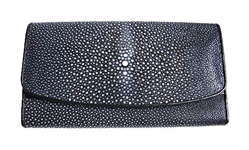 Julie Genuine Real Polished Stingray Skin Leather Clutch Black Wallet