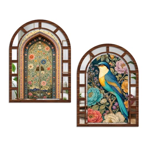Image of Artvibes Bird & Blossom Theme Decorative Wall Accent | Jharokha Mirror Wall Hanging for Living Room, Bedroom, Hall, Foyer, Dining Room, Office & Entrance | Gift (WHJ 12055N), Set of 2