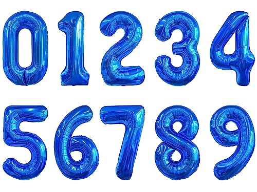 Image of Number Balloons 16 Inch Mylar Foil Number 0-9 Balloons Set for Party Decoration Custom Digital Balloons 10 Pieces Party Supplies (Blue)