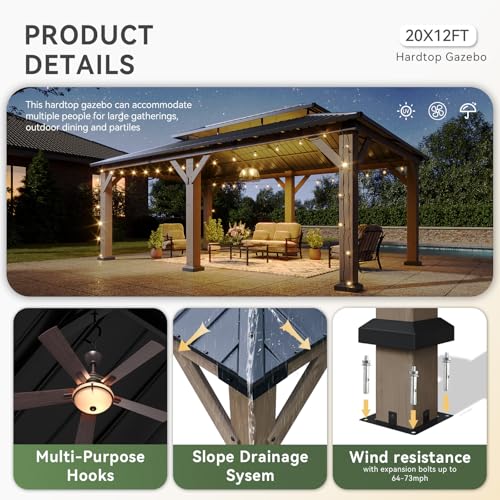 Image of Aoxun 12' x 20' Outdoor Wood Gazebo, Hardtop Gazebo Permanent Wooden Pavilion with Galvanized Steel Double Roof, and LED Outdoor Waterproof Hanging Lights, for Patio, Garden, Deck, Cedar Wood