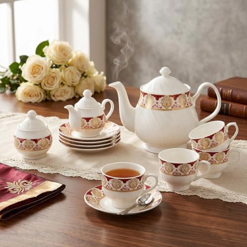Image of U.P.C Ceramic Tea Set with Kettle, Tea Cups & Saucers, Premium Tea Pot Set for Tea & Coffee, Elegant Tea Serving Set for Home, Office, Parties & Housewarming Gift- (TS011)