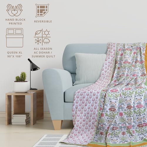 Image of TOAIArt Premium Jaipuri Dohar | AC Blanket Summer Quilt | Hand Block Printed | 3 Layers | Reversible | 150GSM 100% Mulmul Cotton | 100% Cotton Flannel Filling | Queen 90 inch X 108 inch | Spring Floral