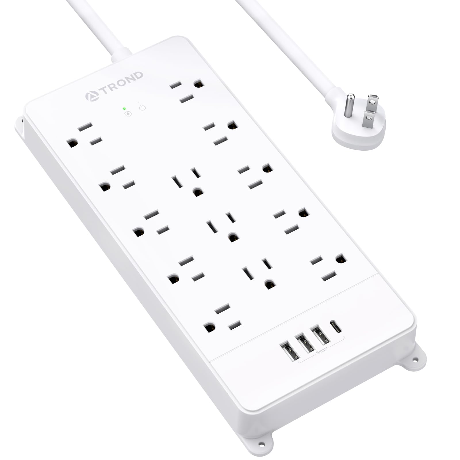 TROND Power Strip Surge Protector - White Extension Cord with USB Ports, 13 Widely-Spaced Outlets Expansion, 5ft, Flat Plug, Under Desk, Wall Mount,