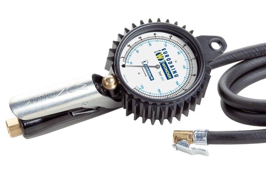 Pregunto, inflador de neumáticos Gauge Eurodainu 1991/CEE por Michelin, doble escala graduada Bar (0,7 – 12) – psi (10 – 174) ø80 mm manómetro, 150 cm manguera, para válvulas estándar