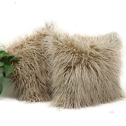 Woolous 2 Pack Decorative Plush Faux Mongolian Fur Throw Pillow Case Cushion Cover for Sofa Bench Chair Bed(16 x16 inch-Beige) â€¦