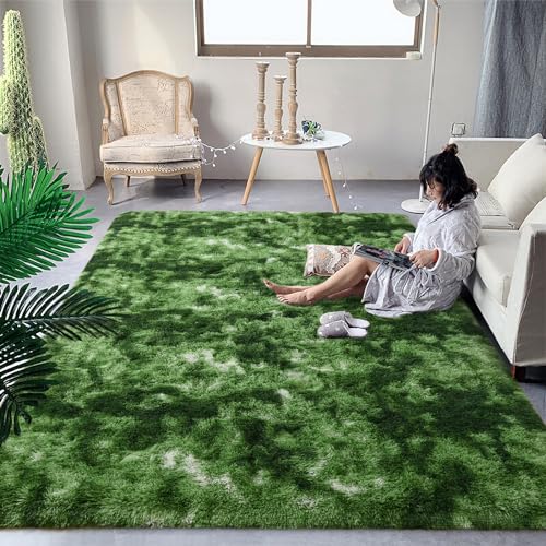 DweIke Fluffy Dark Green Rugs for Bedroom Living Room, 4x6 Feet Soft Plush Shaggy Tie-Dyed Forest Moss Green Girls Boys Kids Rug, Non-Slip and Machine Washable Carpet for Dorm Nursery Decor