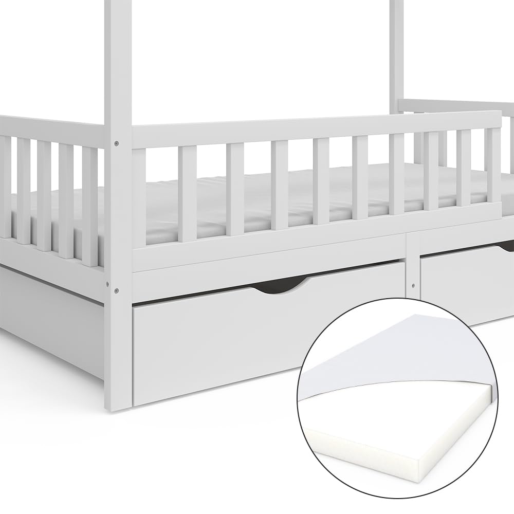 VitaliSpa Letto montessori bambini Franka, Bianco, 80x160 cm con 2 cassetti e materasso, adatto per materassi fino a 90x200 cm e combinabile