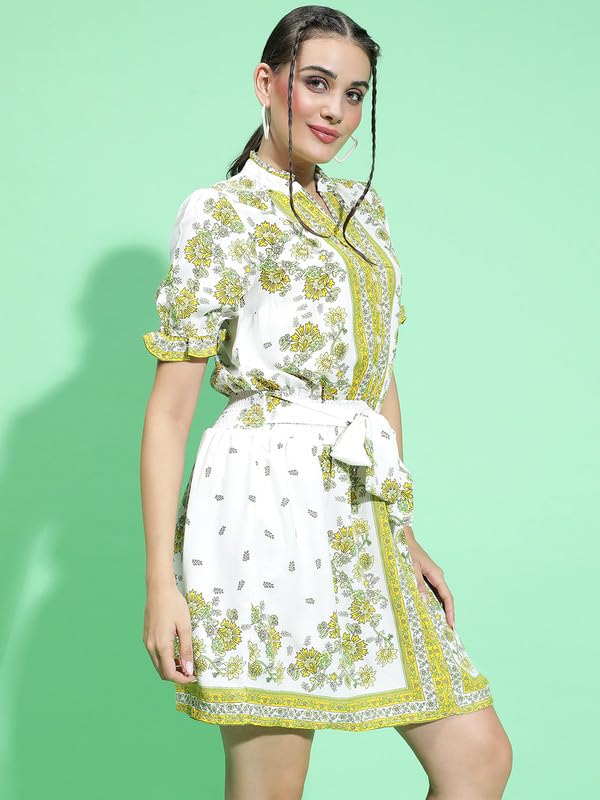 Image of oxolloxo Women Scarf Floral Print with Elasticated Waist Tie-Knot Belt Detail Dress with Short Sleeve